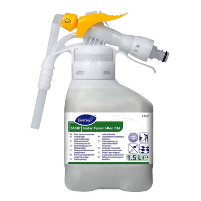 1,5litrový kontejner z bílého plastu s TASKI Jontec Tensol vysoce koncentrovaným čističem od Diversey Deutschland GmbH & Co. OHG, se žlutou rozprašovací tryskou a etiketou s podrobnostmi o produktu a návodem k použití.