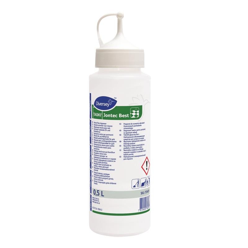 Láhev s dávkovačem 0,5L Jontec Best od Diversey Deutschland GmbH & Co. OHG pro přesné dávkování v průmyslové péči o podlahy, s tryskovým uzávěrem a informačním štítkem s varovnými symboly.