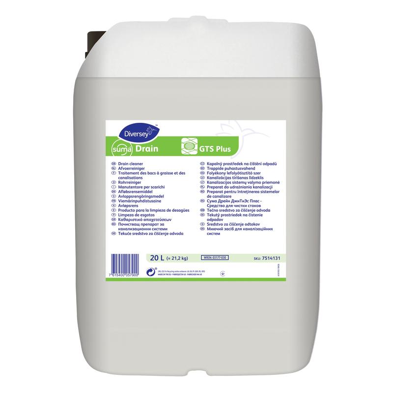 Suma Drain GTS plus čistič potrubí od společnosti Diversey Deutschland GmbH & Co. OHG je velký bílý plastový kanystr o objemu 20 litrů s rukojetí, ideální pro odpady v kuchyni a koupelně, s vícejazyčným návodem a logem Diversey.