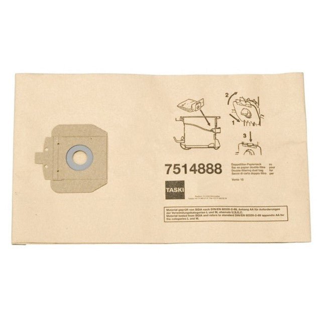 Dvojitý filtrační papírový sáček 15 l od Diversey Deutschland GmbH & Co. OHG (balení po 10 kusech), pro TASKI Vento 15S, má dvojité filtrování a je dodáván v obdélníkovém sáčku s ilustrovaným návodem k montáži, označeným "TASKI 7514888".