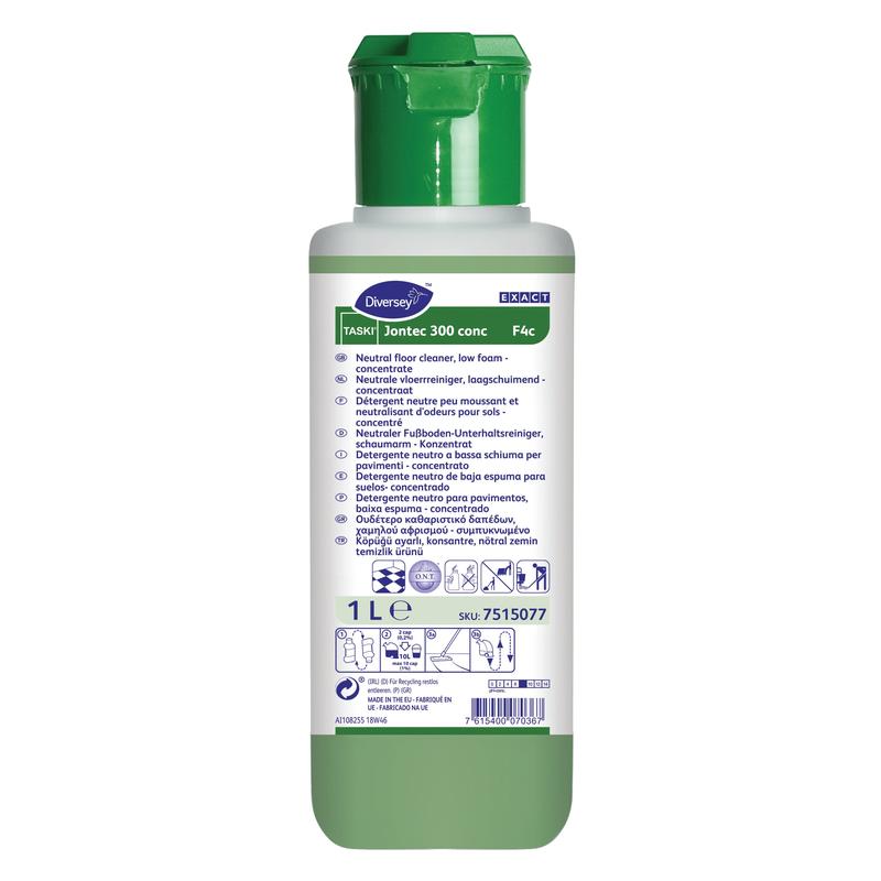 Jednolítrová láhev TASKI Jontec 300 conc čističe podlahového koncentrátu od Diversey Deutschland GmbH & Co. OHG má zelený uzávěr, bílý štítek s vícejazyčnými pokyny a zajišťuje zářivý lesk na podlahách.