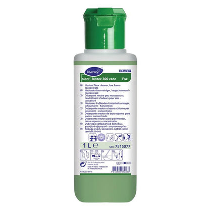 Jednolítrová láhev TASKI Jontec 300 conc čističe podlahového koncentrátu od Diversey Deutschland GmbH & Co. OHG má zelený uzávěr, bílý štítek s vícejazyčnými pokyny a zajišťuje zářivý lesk na podlahách.