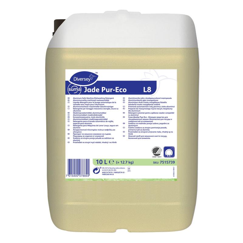 10l kanystr Suma Jade Pur-Eco L8 od Diversey Deutschland GmbH & Co. OHG, ekologický a hliníkově bezpečný mycí prostředek na nádobí, s vícejazyčnou etiketou pro informace o produktu a pokyny.