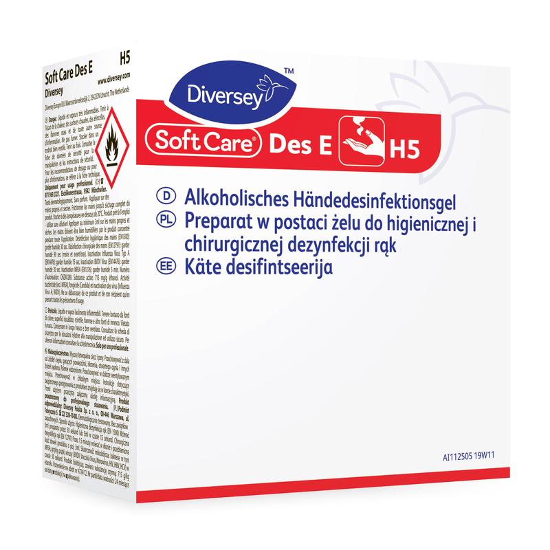 Krabice od Diversey Deutschland GmbH & Co. OHG Soft Care Des E H5, gelový dezinfekční prostředek na ruce zapsaný na seznamu VAH, s návodem k použití v němčině, polštině a estonštině, symboly nebezpečí a pokyny k použití pro efektivní čištění.