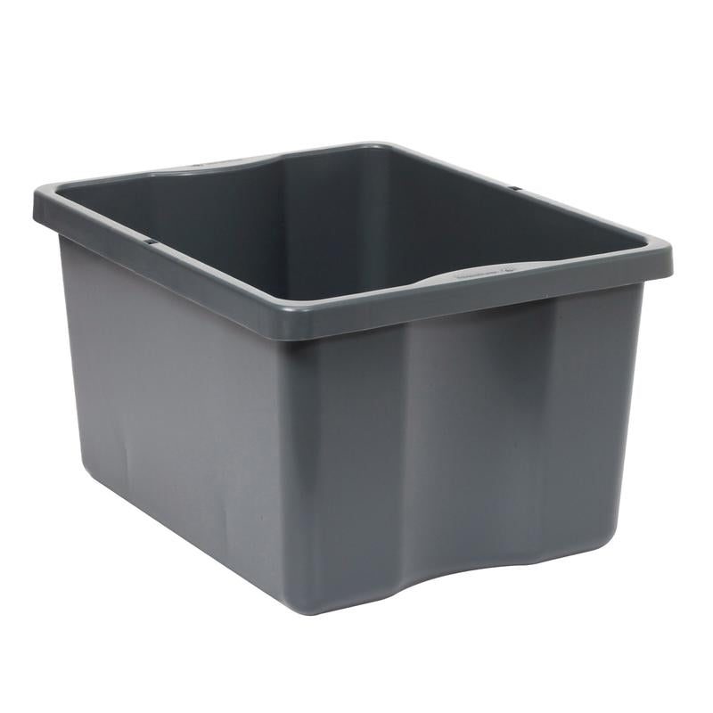 Zásuvka TASKI od Diversey Deutschland GmbH & Co. OHG je velký obdélníkový tmavě šedý úložný kontejner z plastu s mírně zaoblenými rohy a zesíleným okrajem, ideální jako trvanlivé úložné řešení, zobrazený na bílém pozadí.