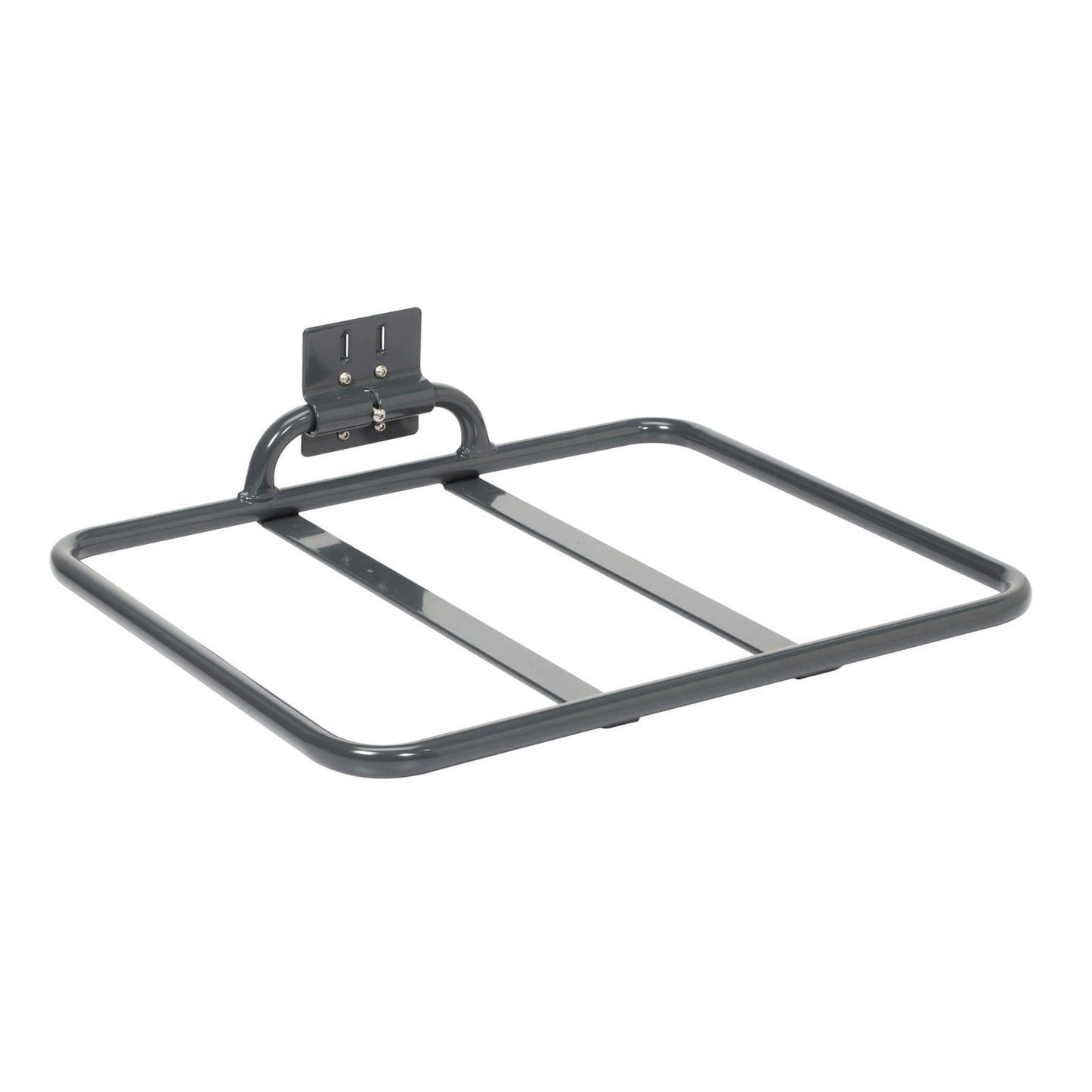 Skládací odkládací plocha TASKI od Diversey Deutschland GmbH & Co. OHG je šedá, hladká kovová police s obdélníkovým rámem, dvěma středovými tyčemi a držákem pro montáž na přední nebo zadní stranu vozíku. Skládací pro snadné skladování. Balení: 1 kus.