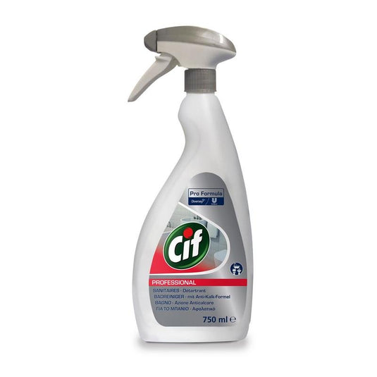 750 ml bílá rozprašovací láhev s čisticím prostředkem na koupelny Cif Professional od společnosti Diversey Deutschland GmbH & Co. OHG, s šedou tryskou a etiketou, s funkcí 2 v 1 – čištění a odstraňování vodního kamene – pro účinné odstranění vodního kamene a čištění koupelny.
