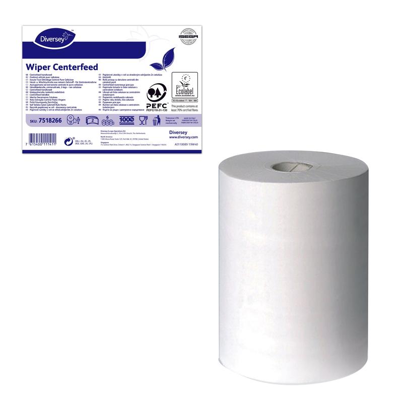 Eine Nahaufnahme zeigt die Wischtuchrolle Midi weiß 2-lagig (reine Zellulose, perforiert, 20 cm x 150,48 m, 18,5 g/m²) von Diversey Deutschland GmbH & Co. OHG-ideal für Papierrollenhalter mit Innenabwicklung. Verpackungslabel mit Produktinfos und Zertifikaten.
