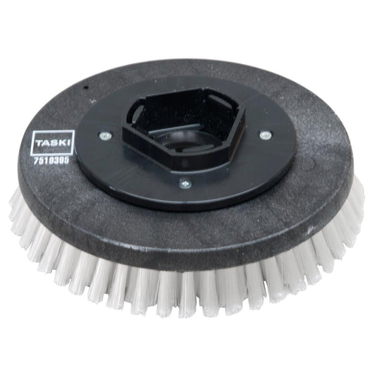 Kulatá černá plastová drátěnka z nylonu (28 cm) od společnosti Diversey Deutschland GmbH & Co. OHG, s tuhými bílými štětinami, vhodná pro modely swingo 955/1255/2100/5000 k důkladnému čištění – standardní drátěnka, 1 kus v balení.
