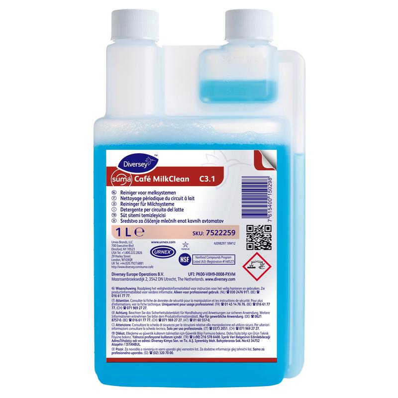 Čistící prostředek na mléčné systémy Suma Café MilkClean C3.1 od Diversey Deutschland GmbH & Co. OHG o objemu 1L má modrou kapalinu, dvojitý uzávěr, bílý uzávěr a vícejazyčnou etiketu s pokyny k použití a bezpečnostními pokyny pro čištění kávovarů.