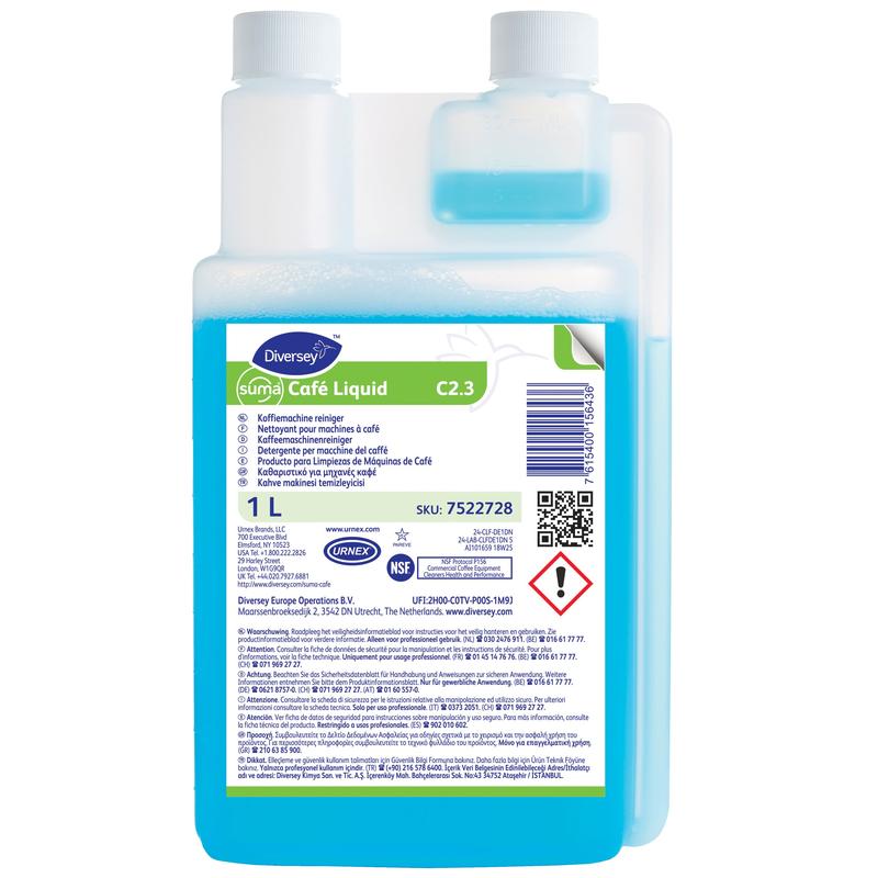 Diversey Suma Café Liquid C2.3, čistič kávovarů | Láhev (1 l), účinně čistí kávové tuky v kávovarech. S dávkovací čepičkou, varovnými upozorněními a čárovým kódem na etiketě. Od Diversey Deutschland GmbH & Co. OHG.