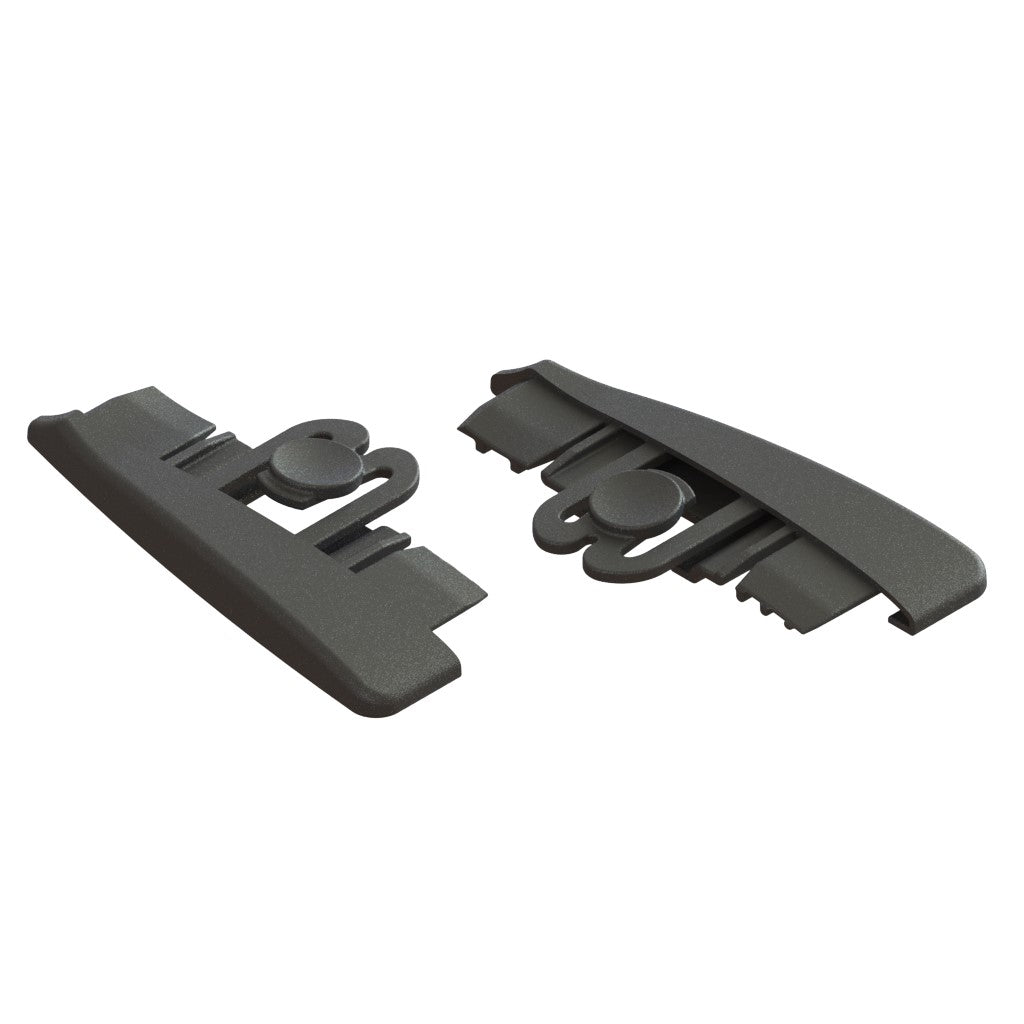 Dva černé koncovky Jonmaster UltraPlus L/R z plastu od Diversey Deutschland GmbH & Co. OHG, používané jako náhradní koncovky pro držák mopu UltraPlus, zobrazené se zaoblenými hranami a uzamykacími mechanismy na bílém pozadí (2 balení/karton).