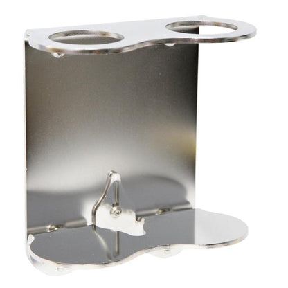 Držák na zeď LAPE od Diversey Deutschland GmbH & Co. OHG je držák na zeď z nerezové oceli se dvěma kruhovými horními otvory a zakřivenou dolní poličkou, ideální pro bezpečné upevnění válcových předmětů nebo nádob.