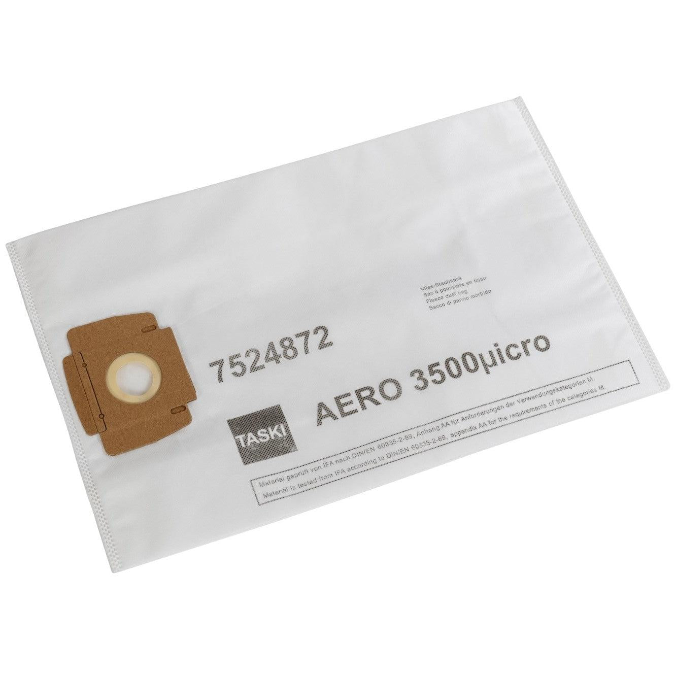 Bílý rounový sáček na prach AERO 3500 od Diversey Deutschland GmbH & Co. OHG, s papírovým límcem a kulatým otvorem na levé straně; označený "AERO 3500" a "7524872". Informace o produktu na pravé straně. Prodává se v kartonech po 10 baleních.