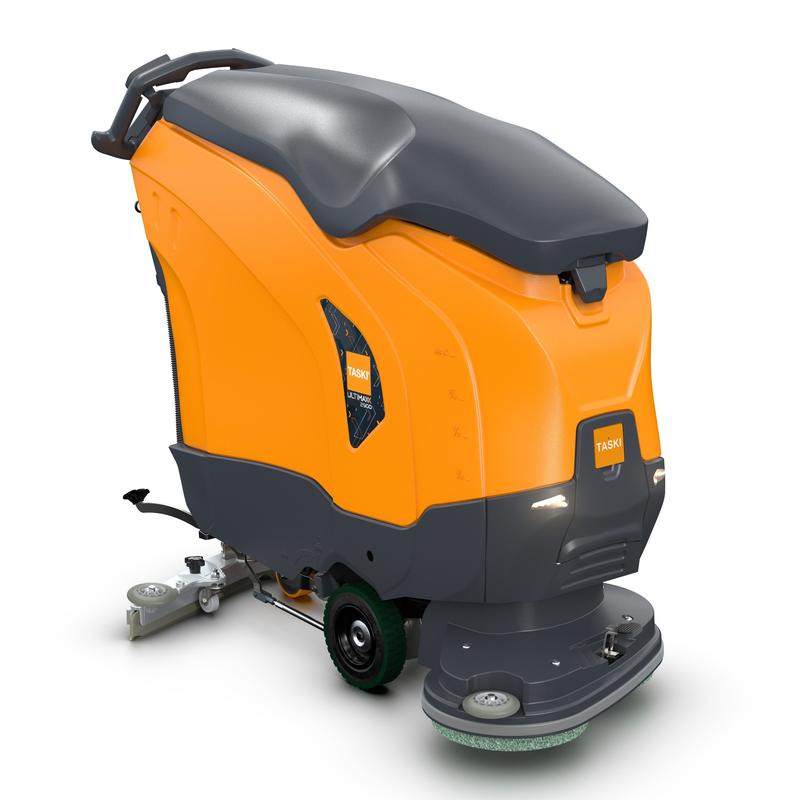 Oranžovo-šedá TASKI ULTIMAXX 2900 DD55 Performance BMS 25A EBU od Diversey Deutschland má rukojeť, ovládací panel, pohon kol, 63litrovou nádrž, 55cm dvojitý disk a viditelný nápis "TASKI" na přední straně a na boku.