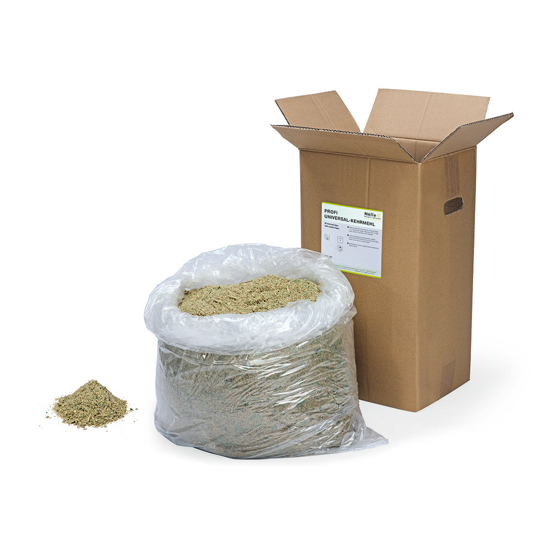 Ein großer durchsichtiger Sack Nölle Profi Brush Kehrmehl Universal, 25 kg staubbindend für Reinigung, sitzt neben einem passenden Stapel und einer offenen, beschrifteten Box - alles auf weiß. Ideal für die professionelle Reinigung von Nölle Profi Brush Bürsten- & Pinseltechnik e.K.