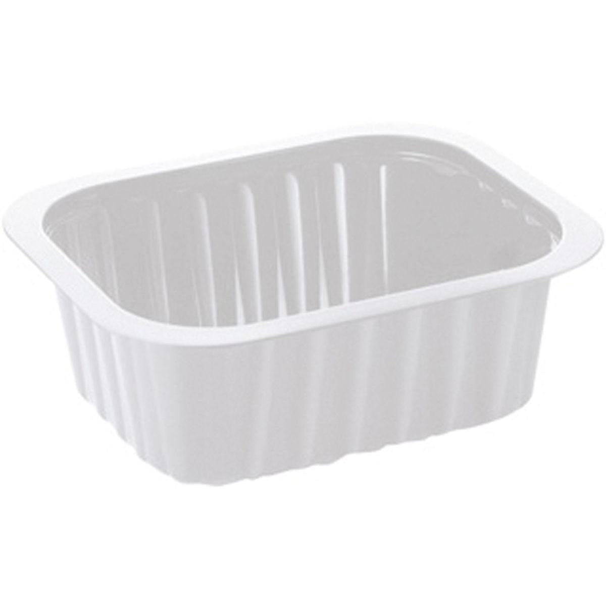 Das PP-Schälchen Weiß PP 138x114 der Duni GmbH ist ein schlichtes, rechteckiges weißes Speisetablett mit geriffelten Seiten und abgerundeten Ecken, abgebildet auf weißem Hintergrund.