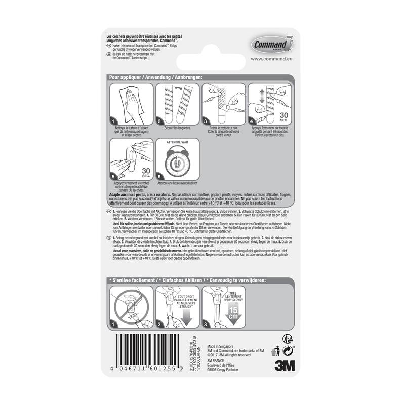 Zadní strana balení 3M Command™ Mini-Háčky (průhledné, 17006CLR) s ilustrovanými kroky pro připevnění/odstranění průhledných proužků, vícejazyčným textem a informacemi o produktu. Ideální pro průhledné háčky nebo mini-háčky.