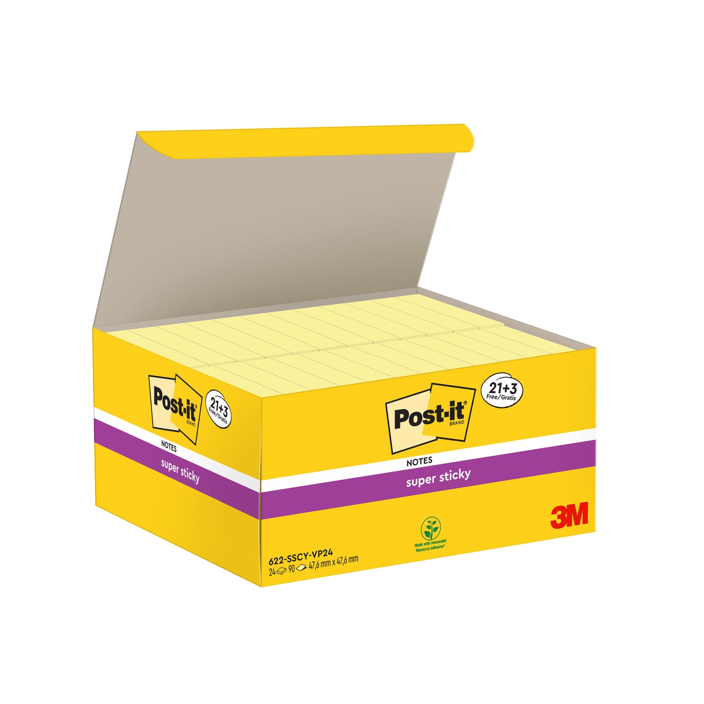 Otevřená žlutá krabička s 3M Post-it® Super Sticky Notes (žlutá, 47,6x47,6mm, 90 listů/blok), reklamní balení s 21 bloky plus 3 bloky zdarma, ukazuje logo a fialovo-bílé produktové informace. Vyrobeno ze 100% PEFC certifikovaného papíru.