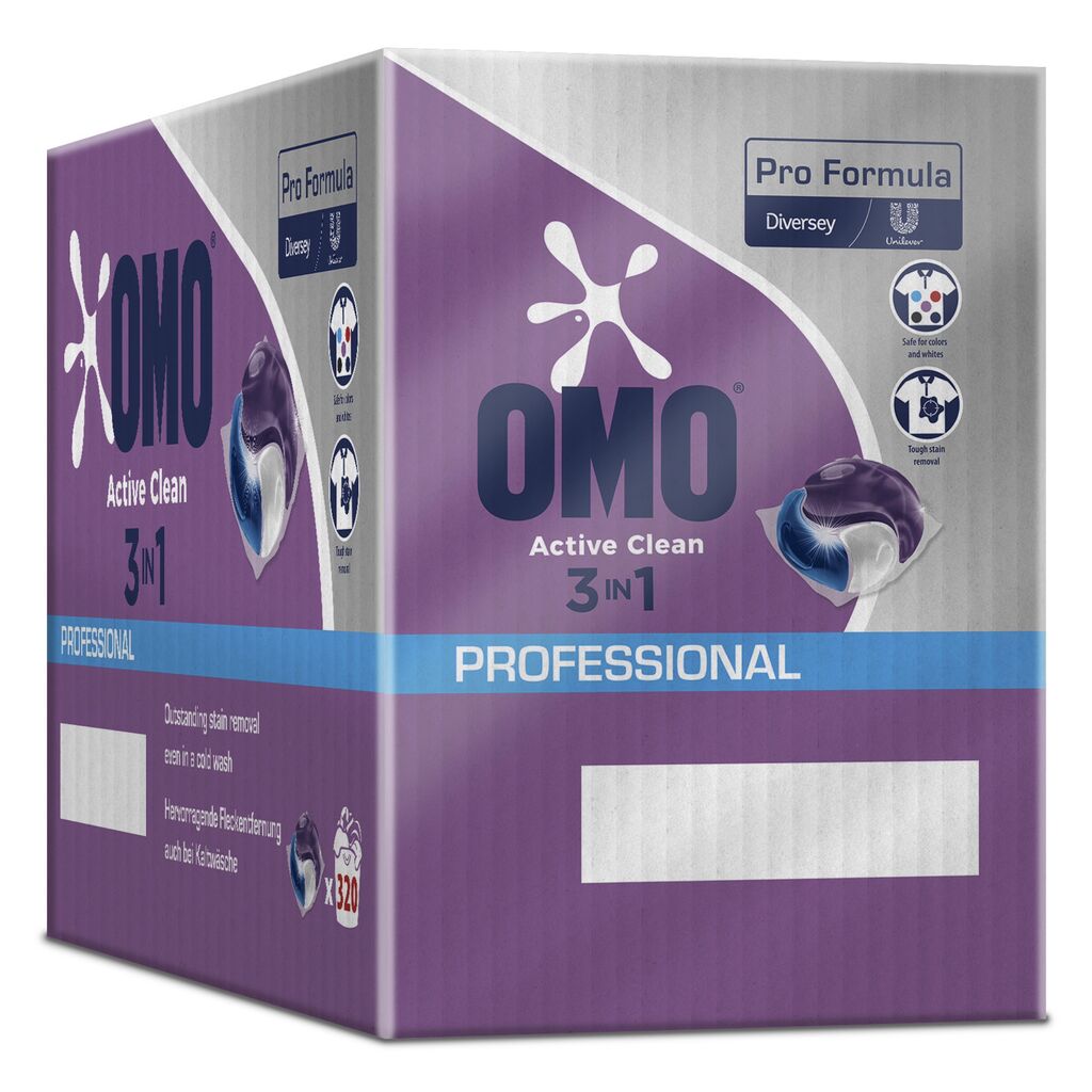 Fialovo-bílá krabice Omo Professional Active Clean 3in1 kapslí od Diversey Deutschland GmbH & Co. OHG, která ukazuje obrázek produktu, loga značky, informace o odstranění skvrn a vícejazyčný text na obalu.