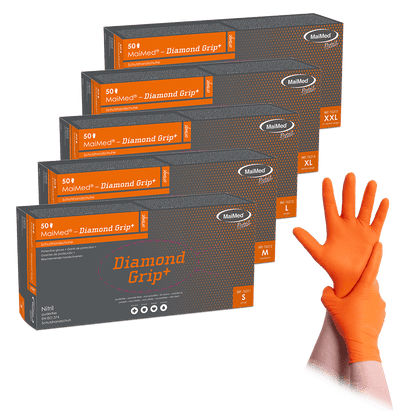 MaiMed-Diamond Grip+ oranžové, nesterilní nitrilové rukavice bez latexu