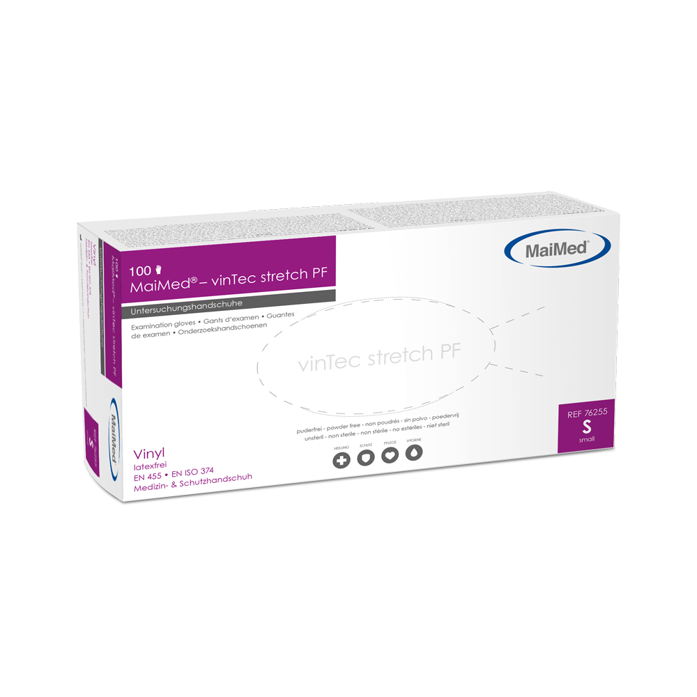 MaiMed-vinTec Stretch PF, nesterilní, práškové vinylové vyšetřovací rukavice 100 kusů/krabice