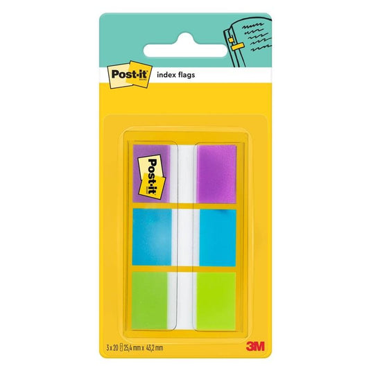 Balení samolepicích proužků 3M Post-it® Index, standardní (25,4 mm × 43,2 mm), 60 proužků v různých barvách v dávkovači. Ideální pro třídění dokumentů; na obalu je logo Post-it® a 3M Deutschland GmbH.