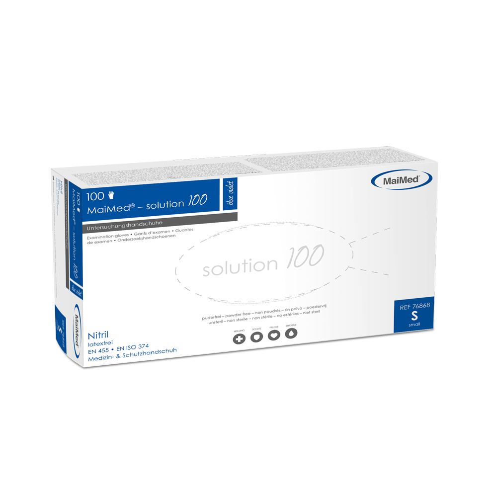 MaiMed-solution 100 rukavice bez latexu, modrofialové, nesterilní bez pudru, 100 kusů/krabice