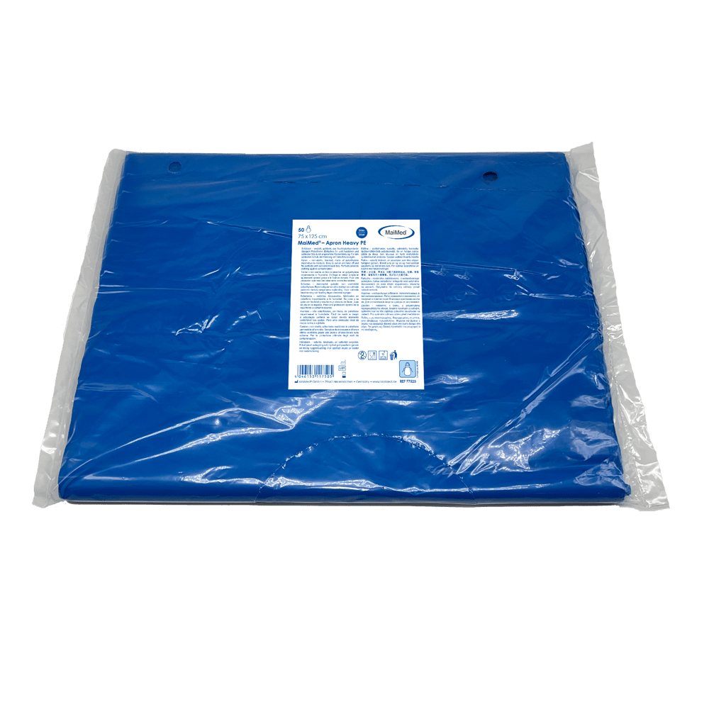 MaiMed-Apron Heavy PE, zástěra z PE 75x125cm modrá, 50 kusů/bal, blokovaná, hladký povrch | Balení (50 kusů)