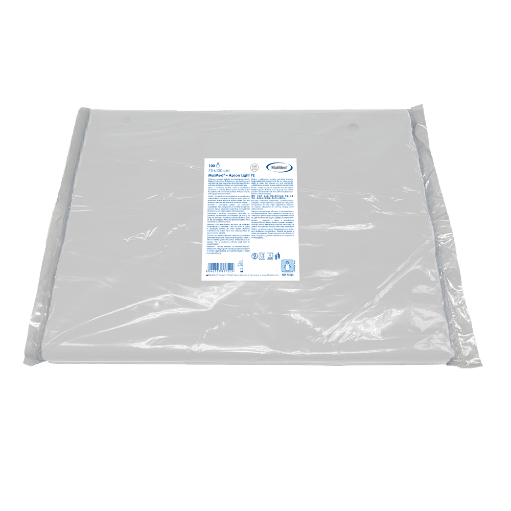 MaiMed-Apron Light PE, zástěra z PE 75x120cm bílá, 100 kusů/bal, blokovaná, hladký povrch | Balení (100 kusů)