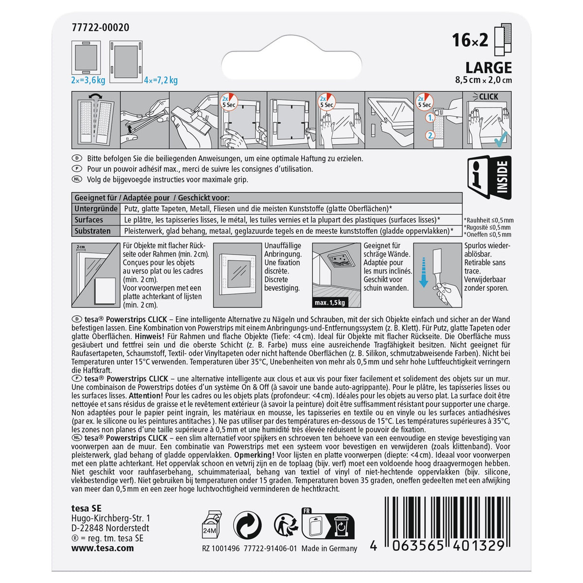 tesa Powerstrips Click Klett-Klebepads, weiß, 16 Paare