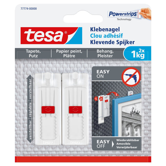 tesa Verstellbarer Klebenagel für Tapeten und Putz blau, bis 1 kg