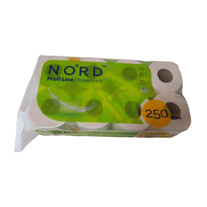 Balíček toaletního papíru CUP UP d.o.o. zabalený v plastu, 2-vrstvý, 250 listů, s osmi viditelnými rolemi na balení a zeleným označením. Text zdůrazňuje dvouvrstvou kvalitu a uvádí, že je vyroben ze 100% celulózy.