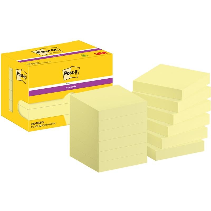 Žlutá krabička s nápisem "Post-it® Super Sticky Notes, 47,6 mm x 47,6 mm, 90 listů/blok, 100% PEFC" od 3M Deutschland GmbH je zobrazena, vedle ní je naskládáno devět žlutých bloků lepicích papírků.