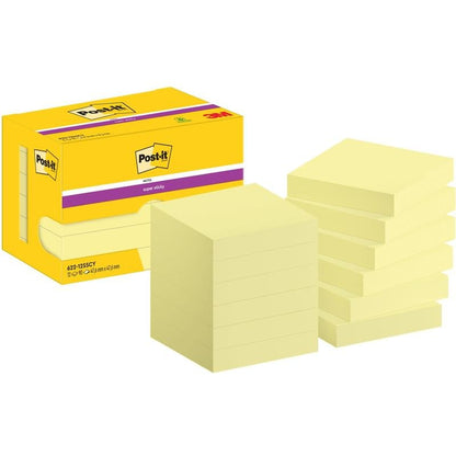 Žlutá krabička s nápisem "Post-it® Super Sticky Notes, 47,6 mm x 47,6 mm, 90 listů/blok, 100% PEFC" od 3M Deutschland GmbH je zobrazena, vedle ní je naskládáno devět žlutých bloků lepicích papírků.