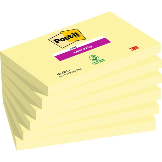 Ein Stapel von sechs Post-it® Super Sticky Notes (76 mm x 127 mm, 90 Blatt/Pad, 100% PEFC) der 3M Deutschland GmbH wird in einer Markenverpackung gezeigt, auf der die Symbole "Super Sticky" und Umweltzertifizierung sichtbar sind.