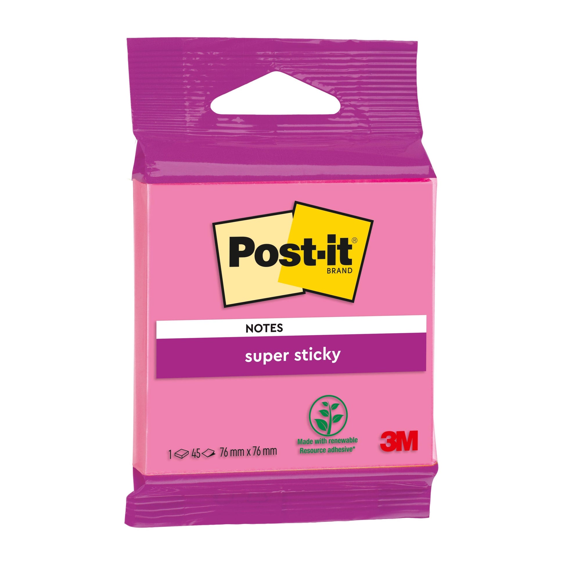 Eine Packung Post-it® Super Sticky Notes von 3M Deutschland GmbH, 76 mm x 76 mm, rosa, 45 Blatt pro Block, PEFC-zertifiziert (100%), mit Post-it-Logo und grünem Klebstoffsymbol für nachwachsende Rohstoffe.