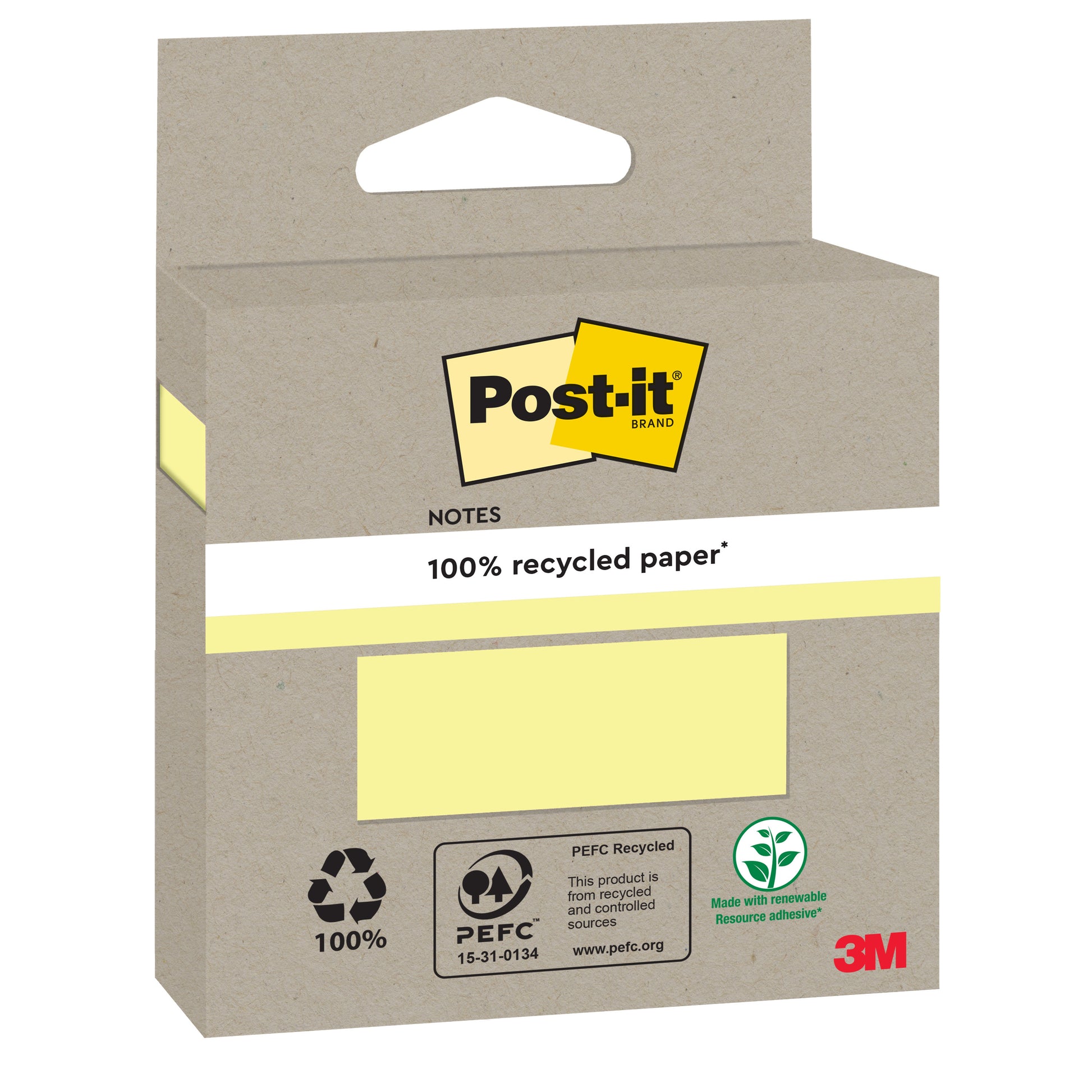 Eine Packung Post-it® Recycling Notes (76x76 mm, 100 Blatt, 100% PEFC) der 3M Deutschland GmbH zeigt umweltfreundliche Logos und ein gelbes Post-it® Logo auf einer braunen Kartonschachtel mit Aufhängelasche.