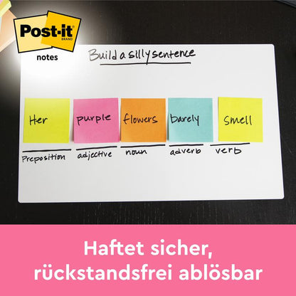 Na tabuli je pět barevných Post-it® lístků (63,5 mm x 76 mm, 100 listů/blok, 100% PEFC) od 3M Deutschland GmbH, které jsou označeny každé jedním slovem a jeho slovním druhem. Logo PEFC je vlevo nahoře, německý text se objevuje na růžovém banneru dole.