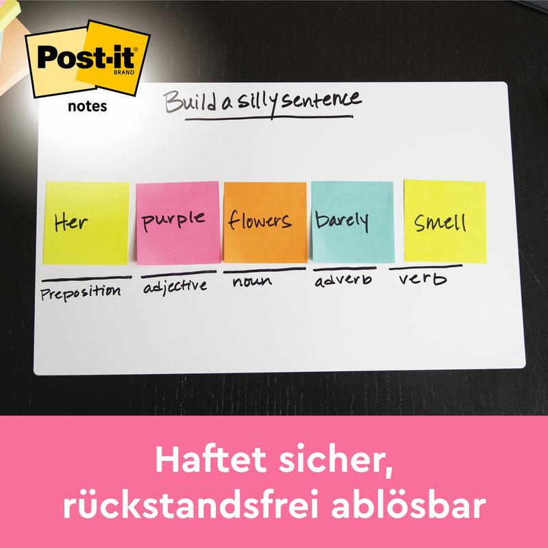 Na tabuli je pět barevných Post-it® Notes (76 mm x 127 mm, 100 listů/blok, 6 bloků/balení, 100% PEFC) od 3M Deutschland GmbH s popsanými větami a logem Post-it. Německý text říká: "Drží pevně, lze snadno odstranit bez zbytků."