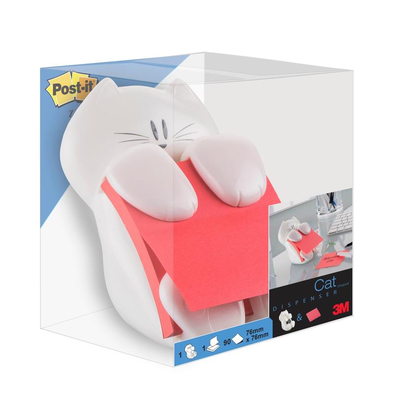 Post-it® Z-Notes Dispenser kočka v bílé barvě pojme růžové Super Sticky Z-Notes (76x76 mm, 90 listů) od 3M Deutschland GmbH, které jsou prezentovány v přehledném balení s Post-it a obrázky produktů.