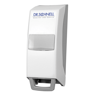 Der Dr. Schnell Spender V10 manuell für Industrie ist ein weißer Wandspender der DR.SCHNELL GmbH & Co. KGaA mit transparentem Sichtfenster und grauem Druckhebel, ideal für Seife oder Desinfektionsmittel, mit blauem Schriftzug auf der Oberseite.