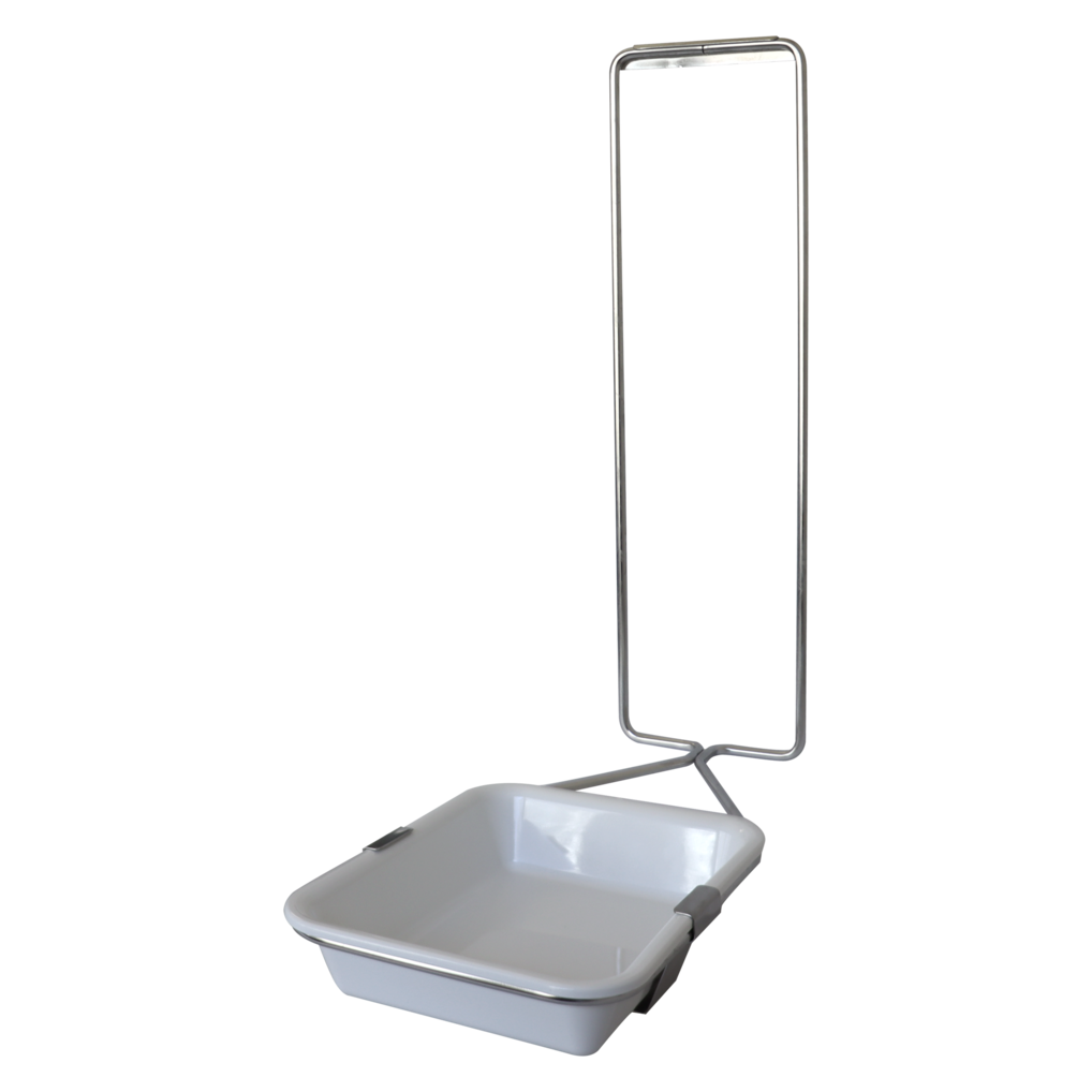 Die Dr. Schnell Abtropfschale für Spender von DR.SCHNELL GmbH & Co. KGaA ist eine rechteckige weiße Abtropfschale aus Kunststoff, die an der Basis eines hohen, rechteckigen Metallrahmens befestigt ist, der aufrecht vor einem schlichten weißen Hintergrund steht.