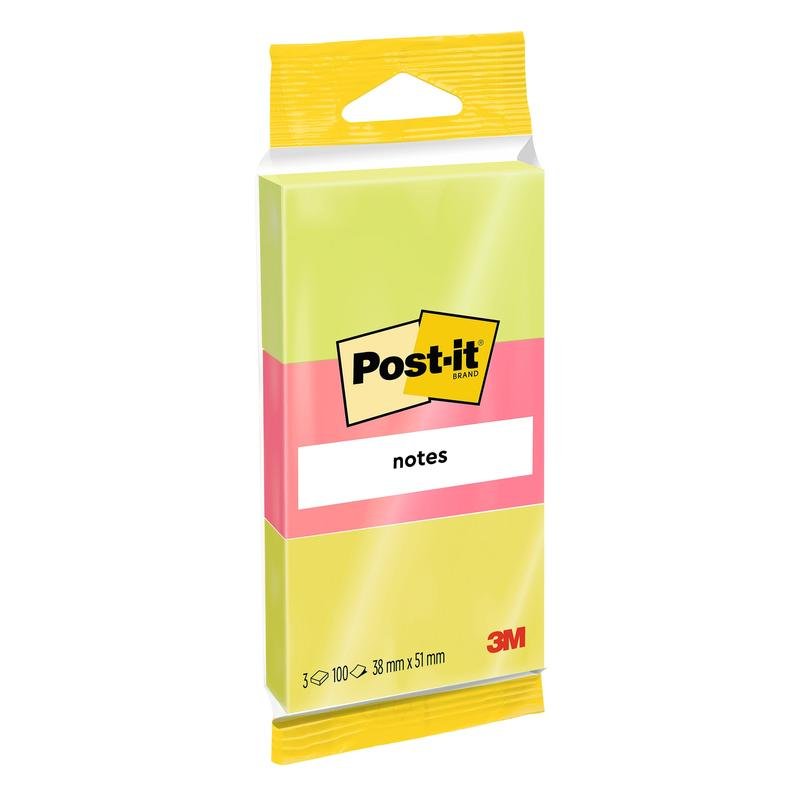 Balíček 3M Deutschland GmbH Post-it® Notes v různých neonových barvách, 38 x 51 mm, 100 listů na blok, 3 bloky na balení, certifikováno PEFC (SGSCH-PEFC-COC-110078), ideální pro poznámky a připomínky.