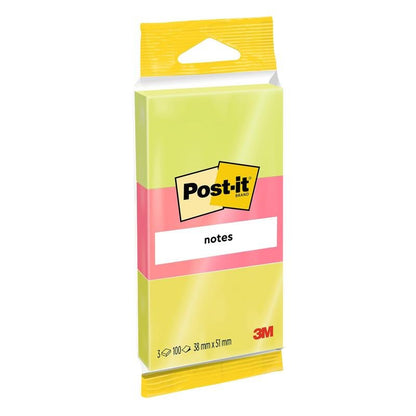 Balíček 3M Deutschland GmbH Post-it® Notes v různých neonových barvách, 38 x 51 mm, 100 listů na blok, 3 bloky na balení, certifikováno PEFC (SGSCH-PEFC-COC-110078), ideální pro poznámky a připomínky.