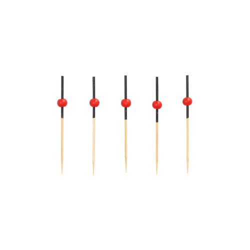 Pět PAPSTAR 250 Fingerfood - Picker od PAPSTAR GmbH, ze dřeva s černými pouzdry a červenými perlami, uspořádané vertikálně v řadě před bílým pozadím.