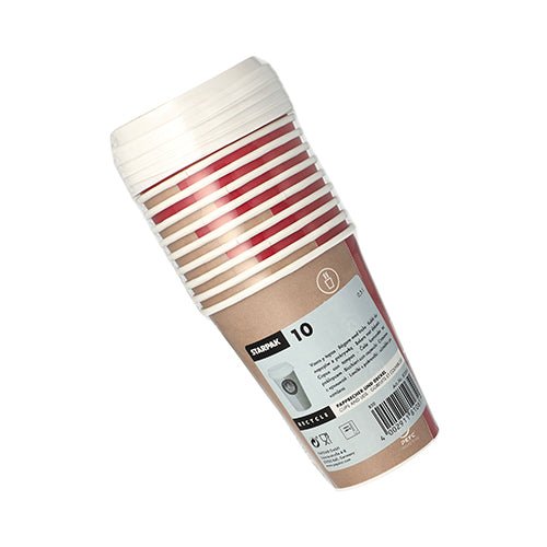 Stoh 10 Starpak „To Go“ papírových kelímků s víčky, s červenými a hnědými pruhy, je zabalen v fólii a nese etiketu Starpak s čárovým kódem a informacemi o recyklaci.