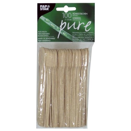 Balení se 100 PAPSTAR míchacími dřívky dřevo "pure" (13 cm), ekologické a stabilní, v sáčku od PAPSTAR GmbH - naskládané a zabalené v průhledné fólii se zeleno-černým štítkem.