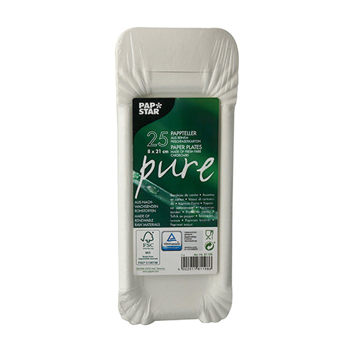 Ein 25er-Pack runder weißer Einwegteller aus nachhaltiger Pappe der PAPSTAR GmbH, Serie „Pure“, in überwiegend weißer Verpackung mit grünem Etikett mit Produktdetails in mehreren Sprachen.