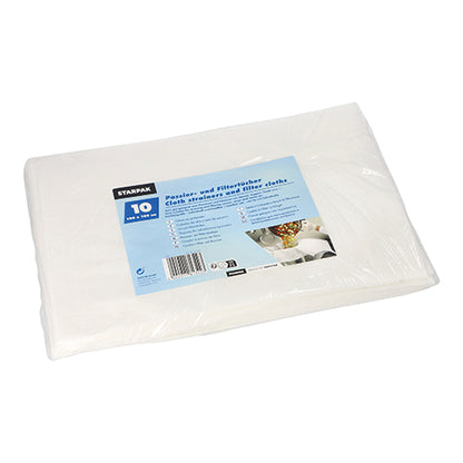 Starpak 10 sít a filtračních utěrek (100x100 cm, bílé) jsou dodávány v průhledném fóliovém obalu s detaily produktu a obrázky na etiketě. Každé balení obsahuje 10 bílých filtračních utěrek – ideální pro kuchyni.